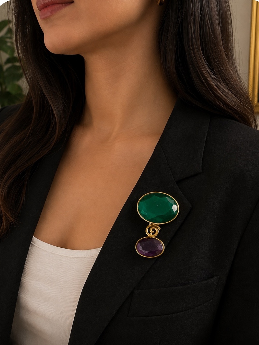 Gold-Plated Green and Purple Gemstone Drop Brooch